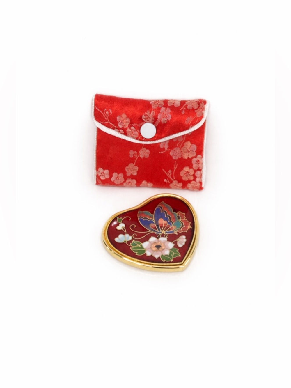 Vintage Red Heart-Shaped Cloisonné Mirror with Floral Butterfly Design